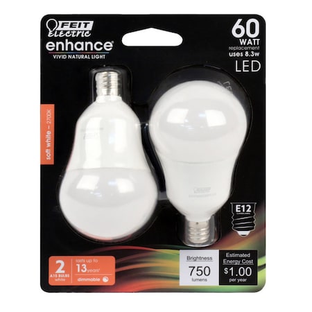 Feit Electric Feit Enhance A15 E12 (Candelabra) LED Bulb Soft White 60 Watt Equivalence 2 pk BPA1560C927CA2